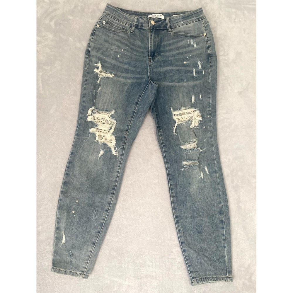 Judy Blue Skinny Jeans Womens 14W Denim Classic Lace Patch Distressed Stretch